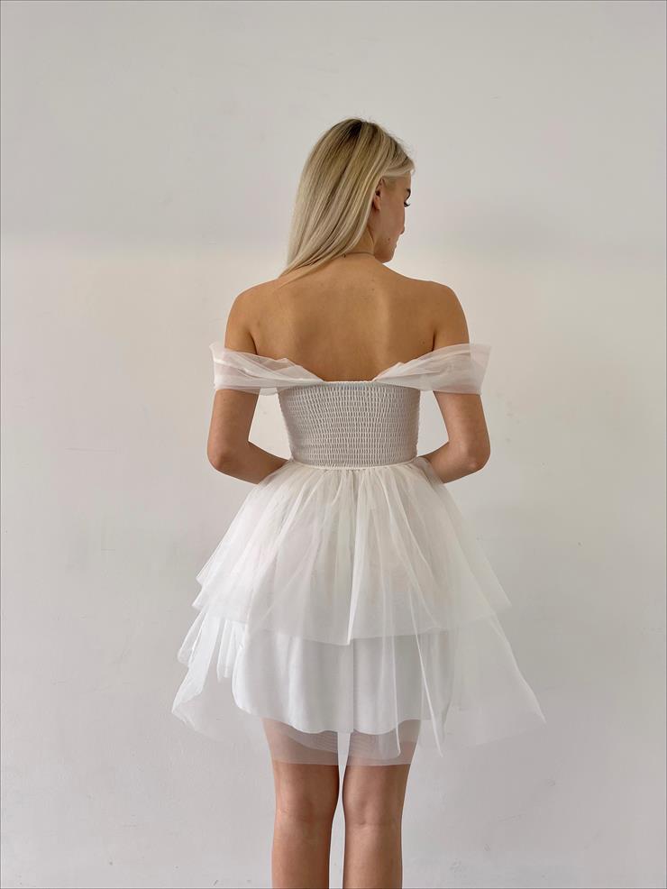 Düşük Tül Kol Eteği Kat Detaylı Litus Kadın Beyaz Mini Elbise 23Y000109