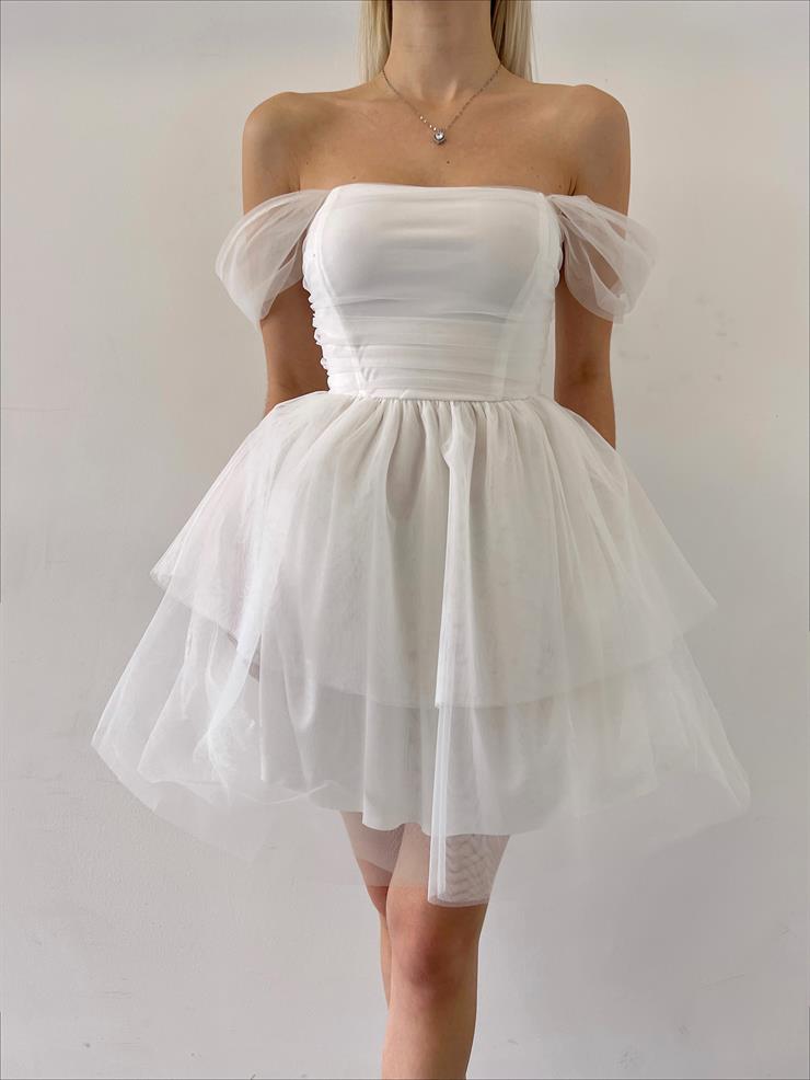 Düşük Tül Kol Eteği Kat Detaylı Litus Kadın Beyaz Mini Elbise 23Y000109