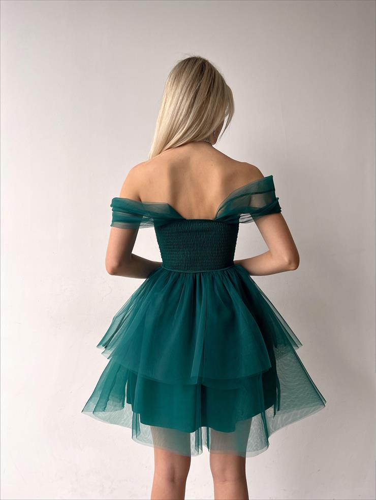 Düşük Tül Kol Eteği Kat Detaylı Litus Kadın Zümrüt Mini Elbise 23Y000109