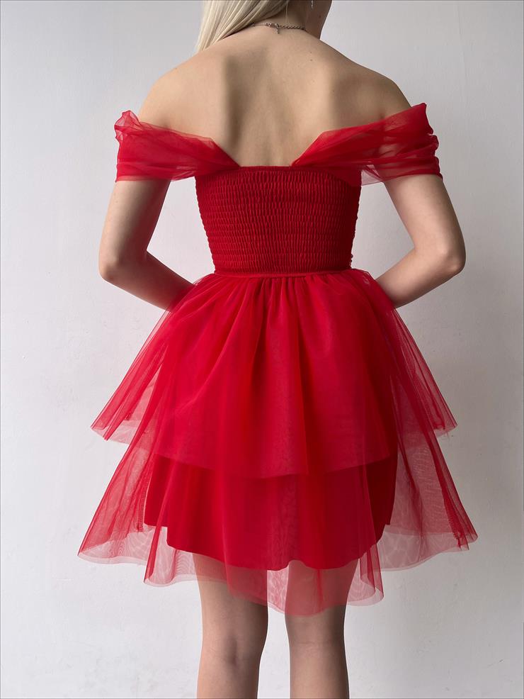 Düşük Tül Kol Eteği Kat Detaylı Litus Kadın Kırmızı Mini Elbise 23Y000109