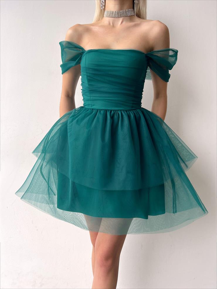 Düşük Tül Kol Eteği Kat Detaylı Litus Kadın Zümrüt Mini Elbise 23Y000109