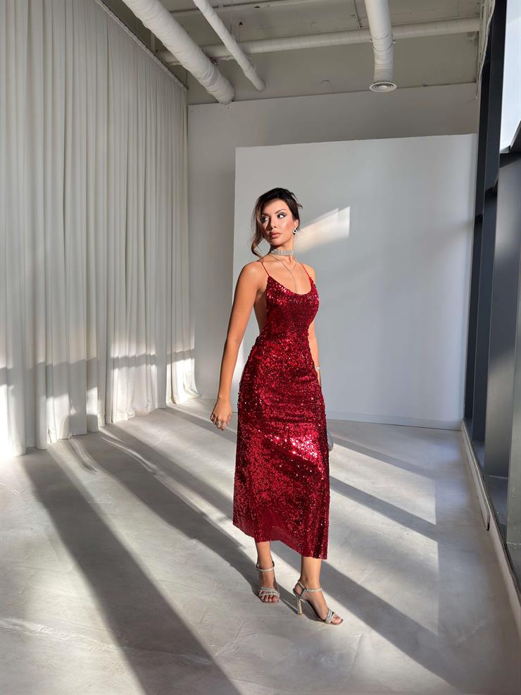 Askılı Sırtı Çapraz Earle Kırmızı Kadın Pullu Elbise 26K229