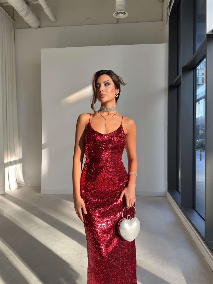 Askılı Sırtı Çapraz Earle Kırmızı Kadın Pullu Elbise 26K229