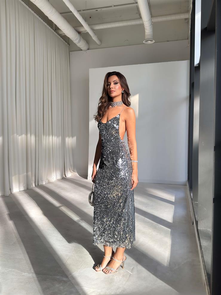 Askılı Sırtı Çapraz Earle Gri Kadın Pullu Elbise 26K229