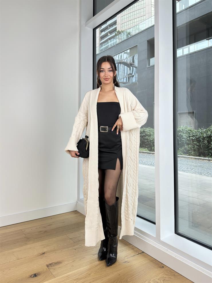 Örgü Detaylı Salaş Edel Taş Kadın Uzun Hırka 25K193