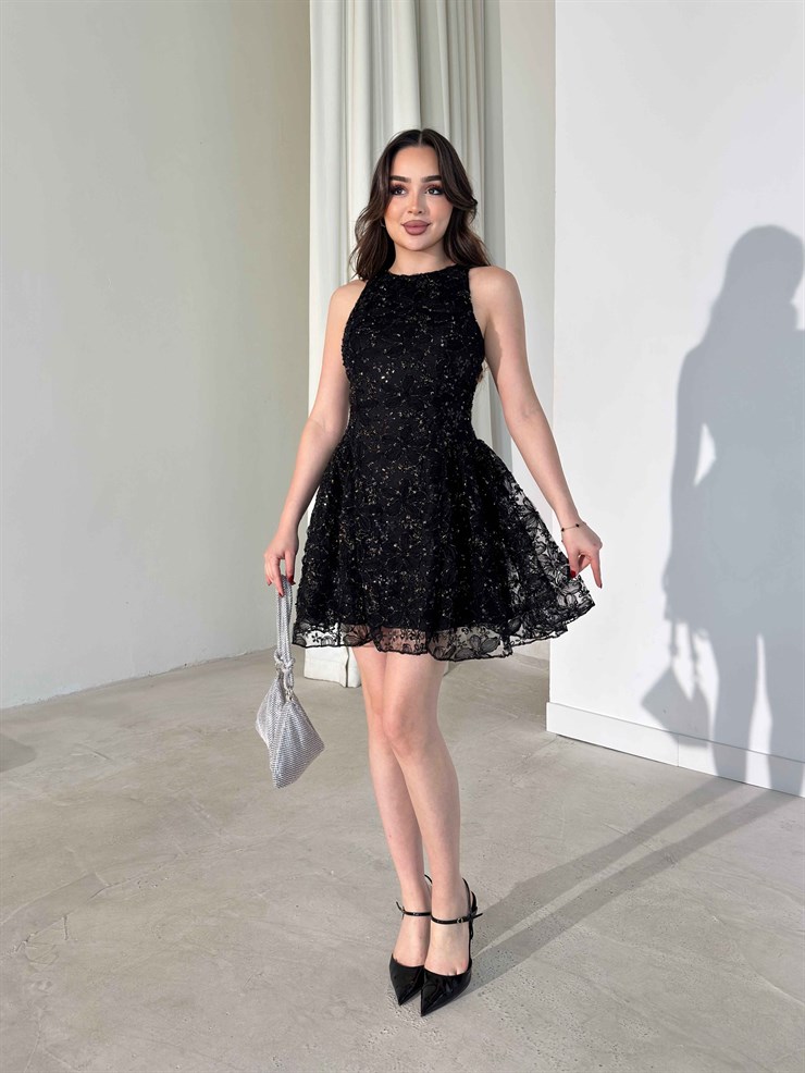 Parıltılı Sıfır Kol Siyah Mini Eden Kadın Elbise 26Y265