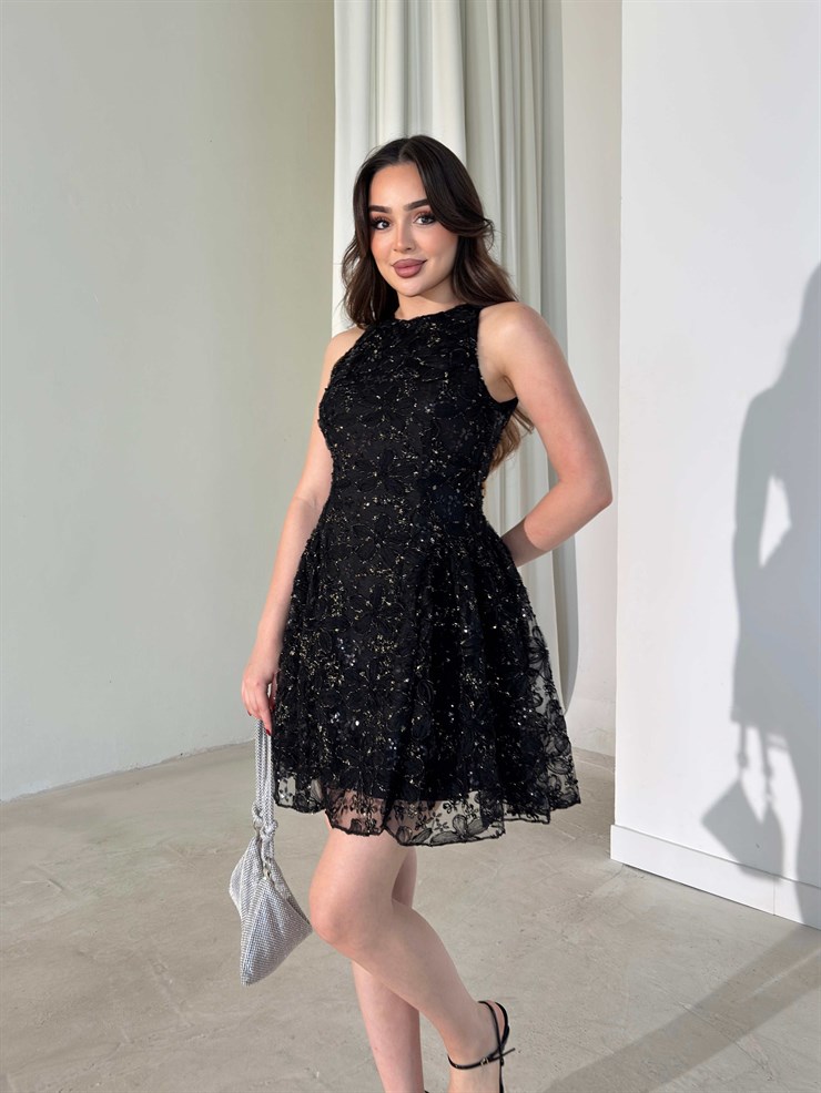 Parıltılı Sıfır Kol Siyah Mini Eden Kadın Elbise 26Y265
