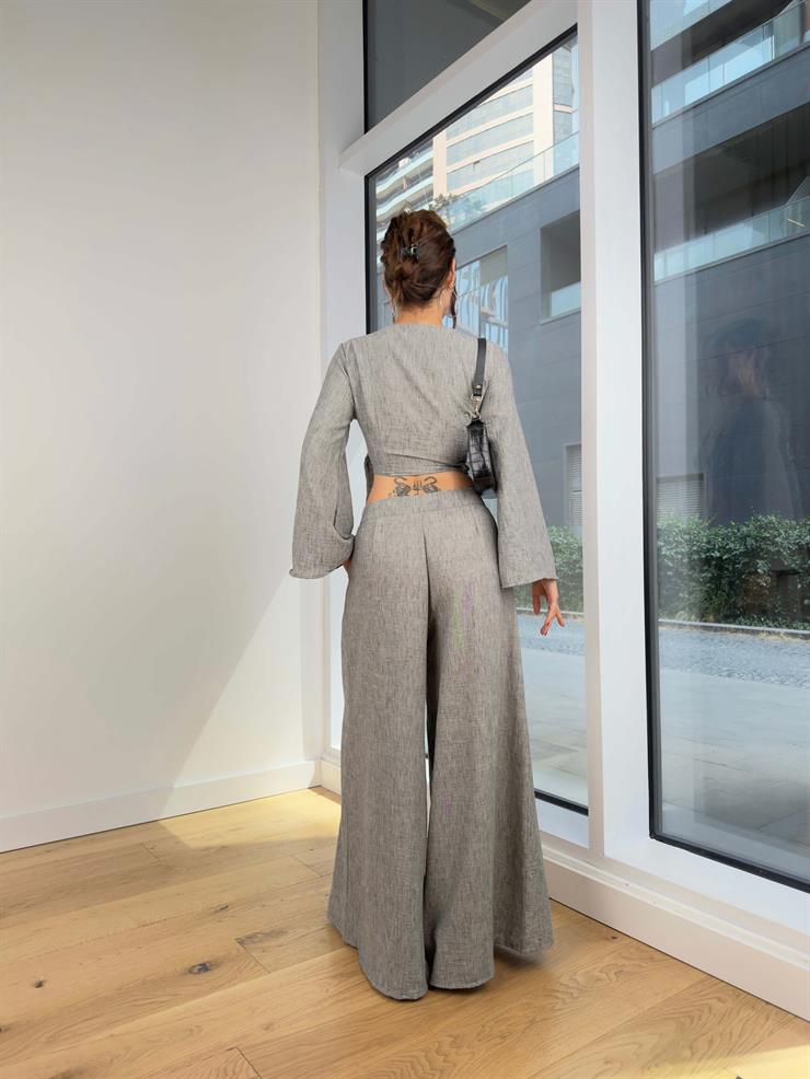 Kruvaze Bağlamalı Uzun Kollu Crop Düğme Kapamalı Bol Paça Pantolon Edina Kadın Gri Takım 24Y748