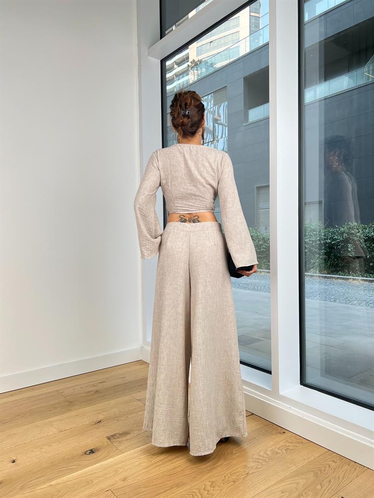 Kruvaze Bağlamalı Uzun Kollu Crop Düğme Kapamalı Bol Paça Pantolon Edina Kadın Bej Takım 24Y748