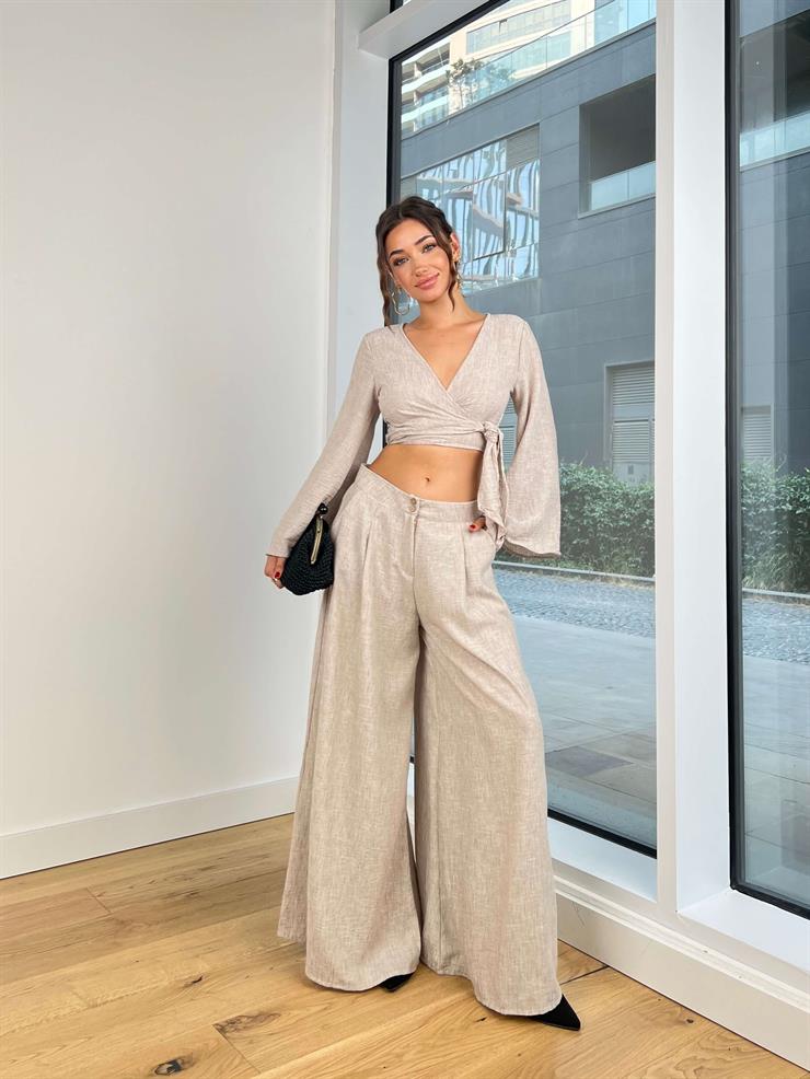 Kruvaze Bağlamalı Uzun Kollu Crop Düğme Kapamalı Bol Paça Pantolon Edina Kadın Bej Takım 24Y748