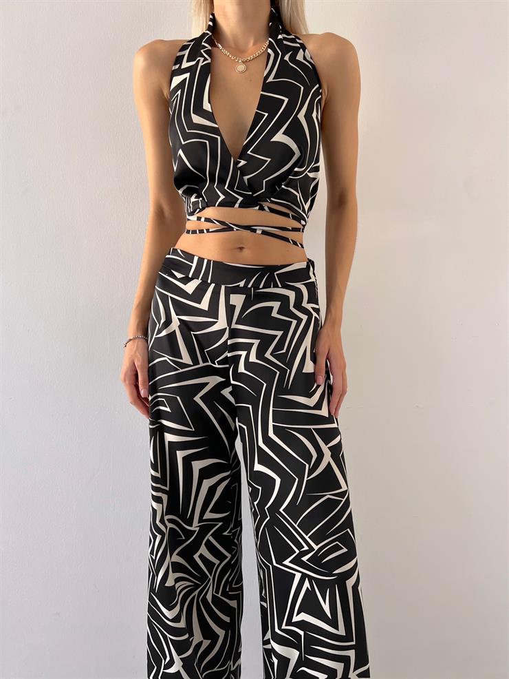 V Yaka Bağlamalı Crop Orta Bel Boş Paça Pantolon Edna Kadın Desenli Siyah İkili Takım 23Y000571