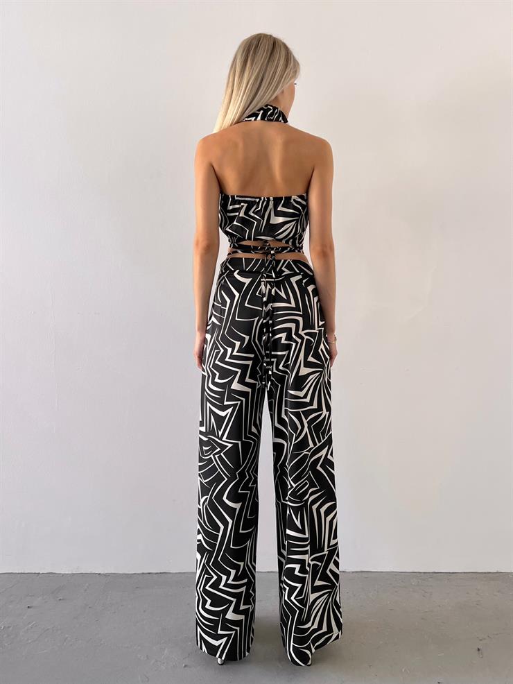 V Yaka Bağlamalı Crop Orta Bel Boş Paça Pantolon Edna Kadın Desenli Siyah İkili Takım 23Y000571