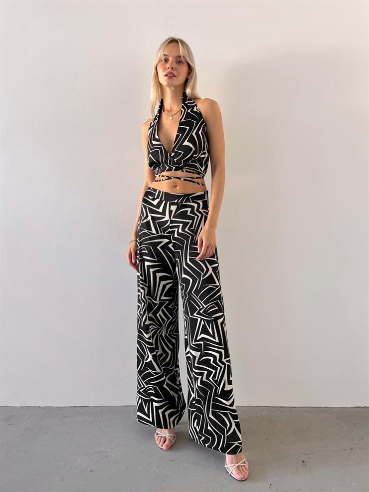 V Yaka Bağlamalı Crop Orta Bel Boş Paça Pantolon Edna Kadın Desenli Siyah İkili Takım 23Y000571