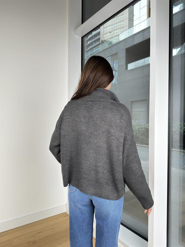 Önü Fermuar Kapamalı Edrian Antrasit Triko Hırka 25K353