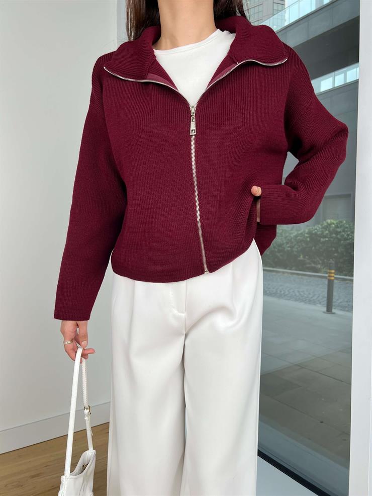 Önü Fermuar Kapamalı Edrian Bordo Triko Hırka 25K353