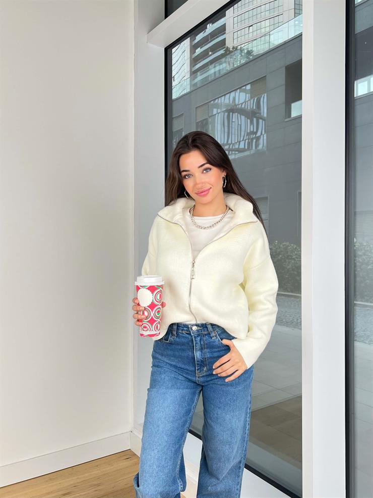 Önü Fermuar Kapamalı Edrian Ekru Triko Hırka 25K353