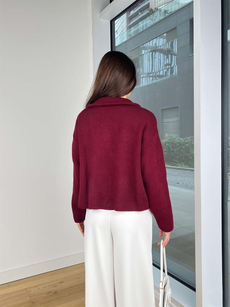 Önü Fermuar Kapamalı Edrian Bordo Triko Hırka 25K353