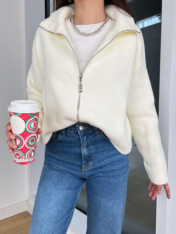 Önü Fermuar Kapamalı Edrian Ekru Triko Hırka 25K353