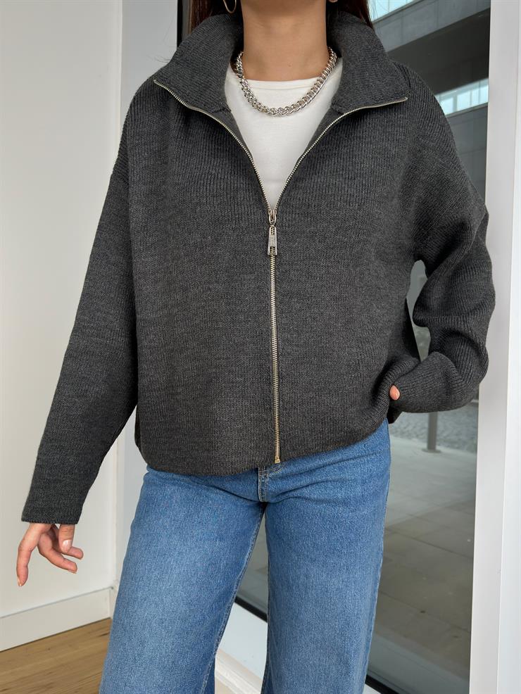 Önü Fermuar Kapamalı Edrian Antrasit Triko Hırka 25K353