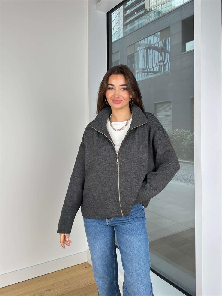 Önü Fermuar Kapamalı Edrian Antrasit Triko Hırka 25K353