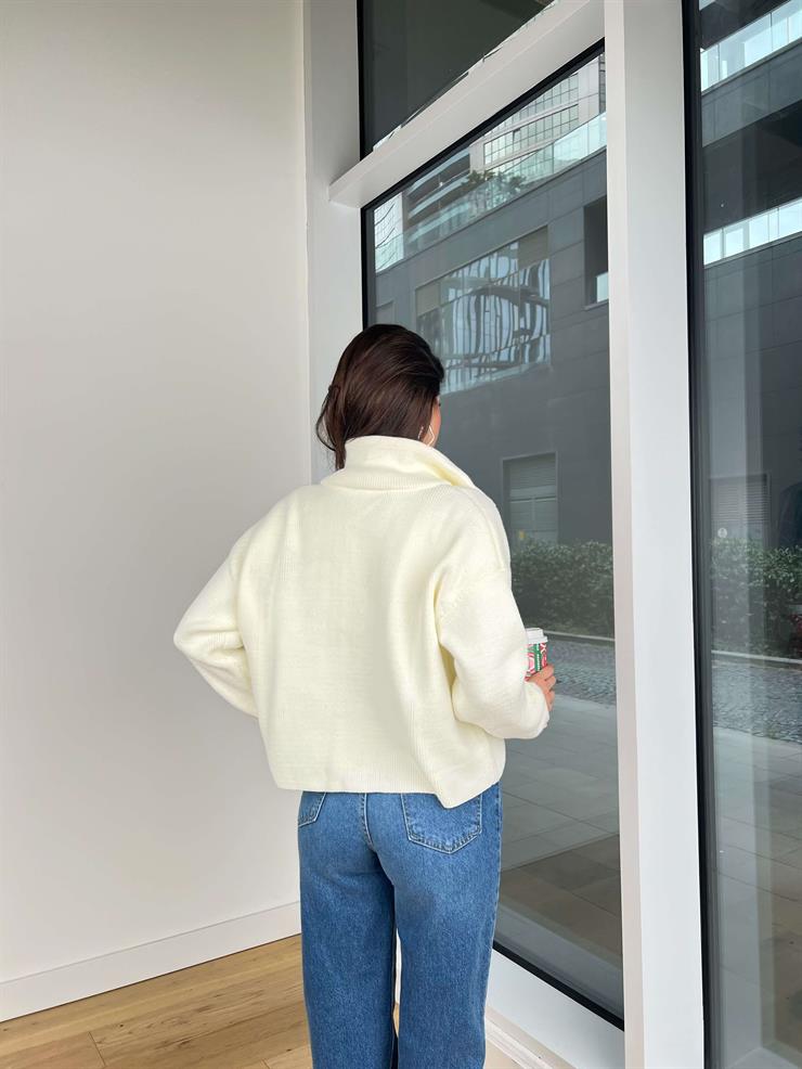 Önü Fermuar Kapamalı Edrian Ekru Triko Hırka 25K353