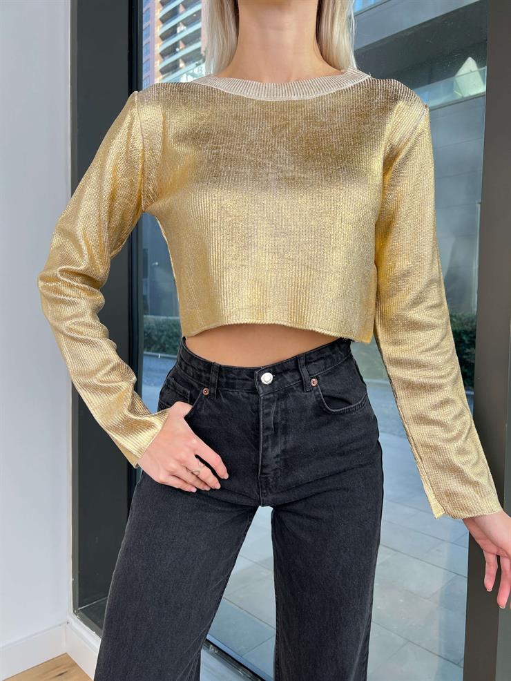 Bisiklet Yaka Edrio Kadın Gold Crop Kazak 24k249