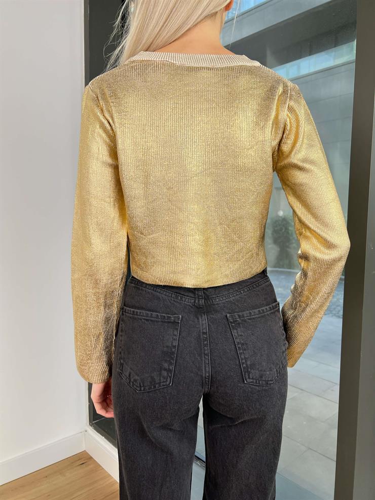 Bisiklet Yaka Edrio Kadın Gold Crop Kazak 24k249