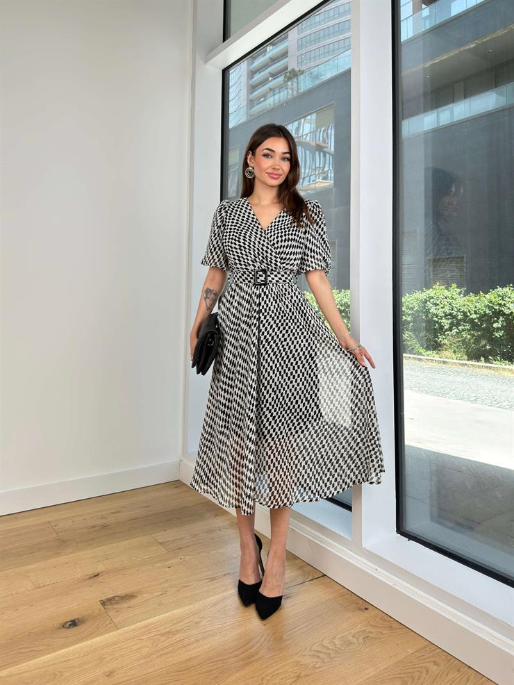 V Yaka Beli Kemerli Eeva Kadın Desenli Siyah Midi Elbise 24Y720