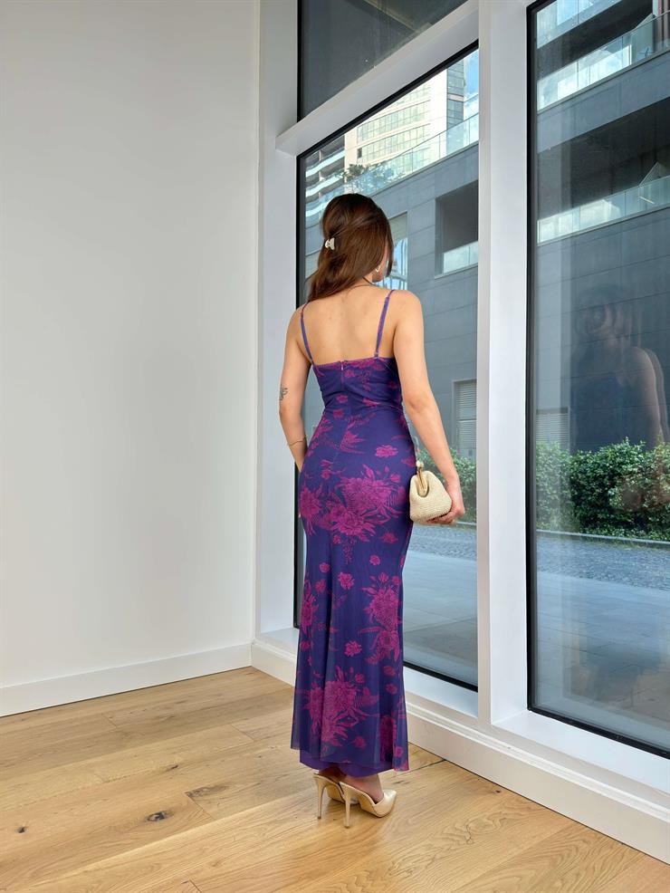 Ayarlanabilir Askılı Degaje Yaka Önü Çapraz İp Detaylı Egon Kadın Çiçekli Mor Maxi Elbise 24Y573