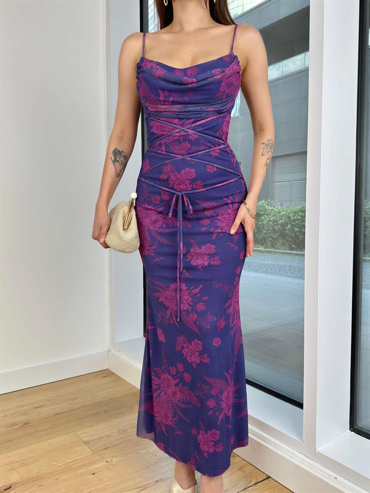 Ayarlanabilir Askılı Degaje Yaka Önü Çapraz İp Detaylı Egon Kadın Çiçekli Mor Maxi Elbise 24Y573