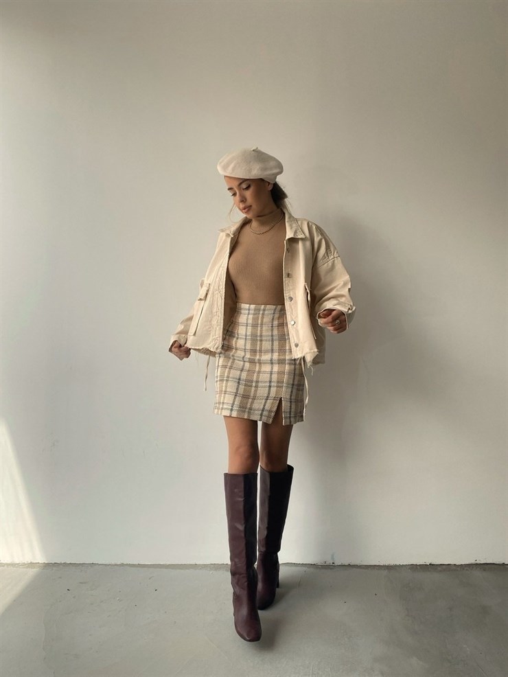 Ekose Mini Yırtmaçlı Adella Kadın Camel Tüvit Etek 22K000153