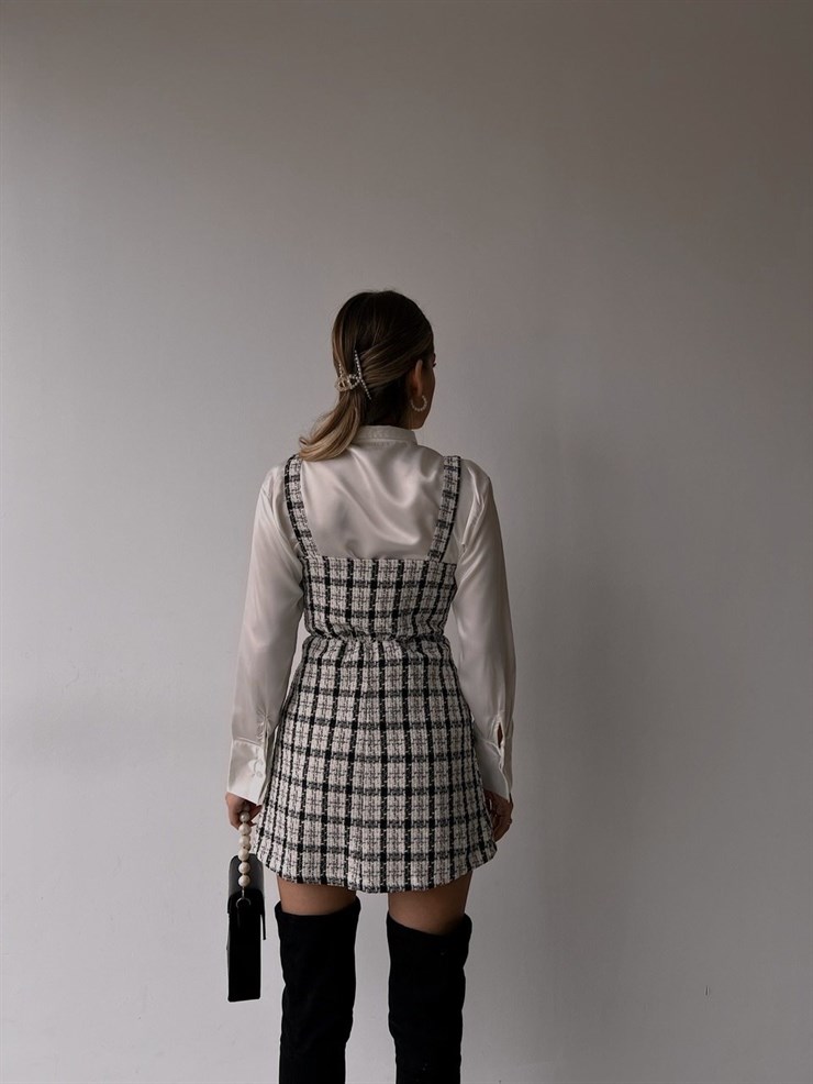 Ekose Önü Düğmeli Mini Kadın Ekru Salopet Elbise 22K000308