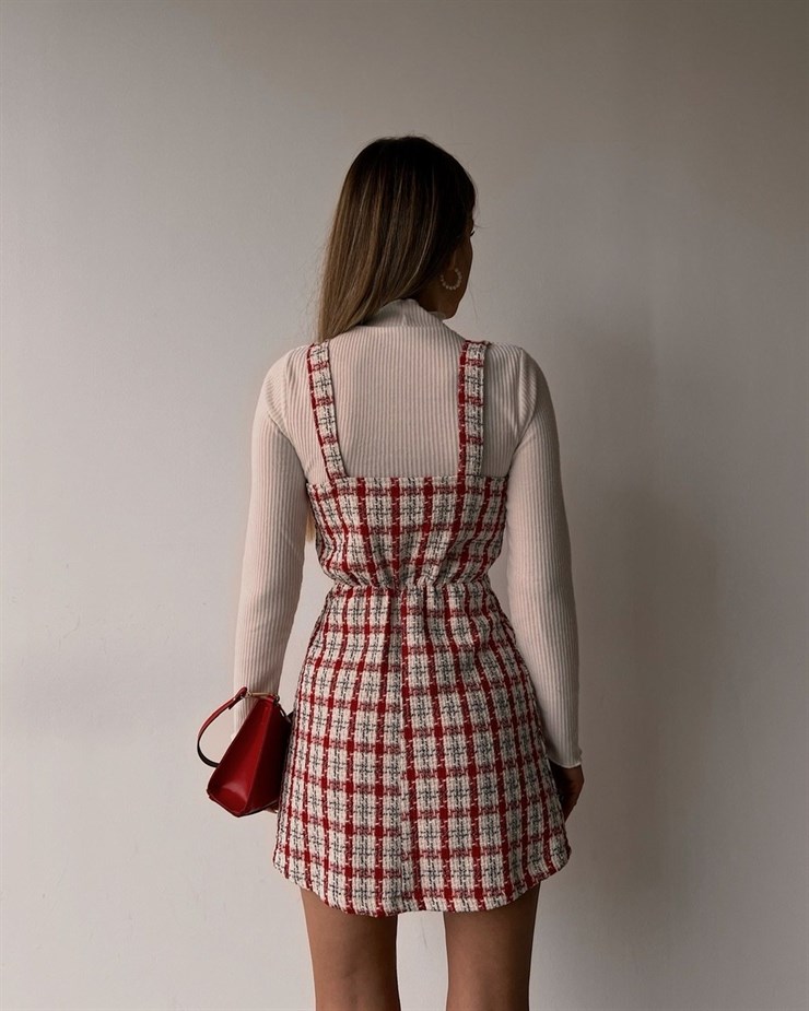 Ekose Önü Düğmeli Mini Kadın Kırmızı Salopet Elbise 22K000308