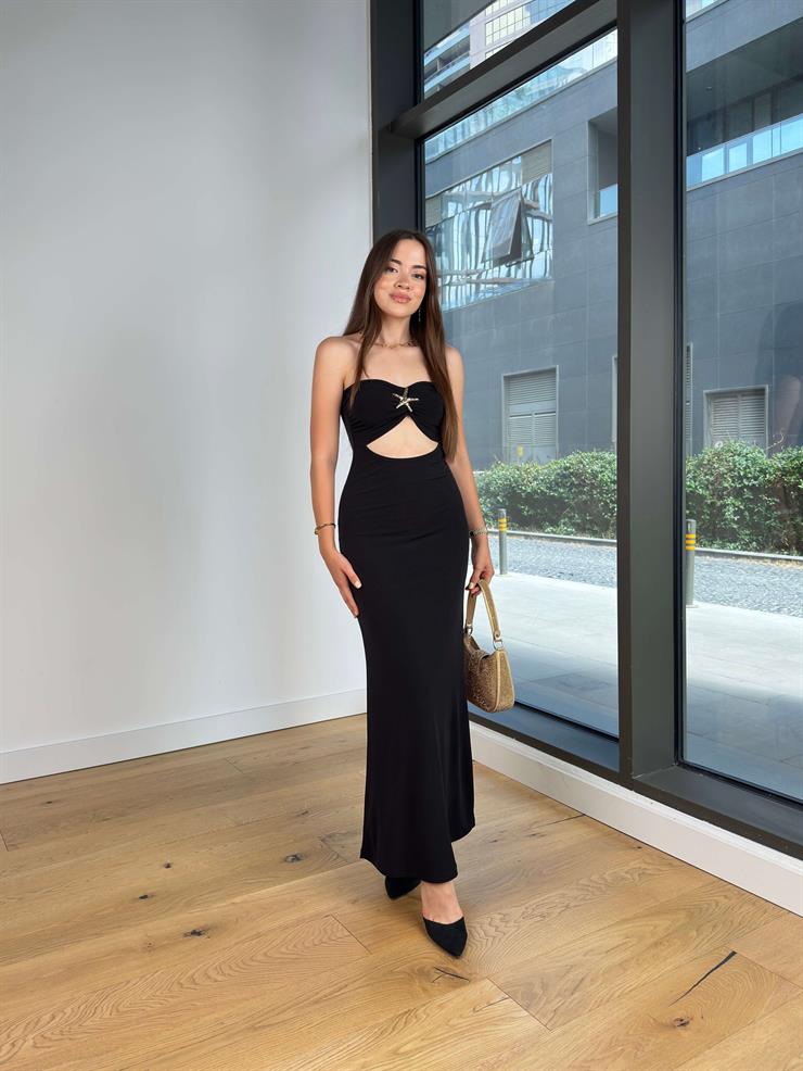 Dekolteli Straplez Uzun Ekrosi Siyah Kadın Elbise 25Y543