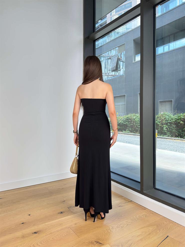 Dekolteli Straplez Uzun Ekrosi Siyah Kadın Elbise 25Y543