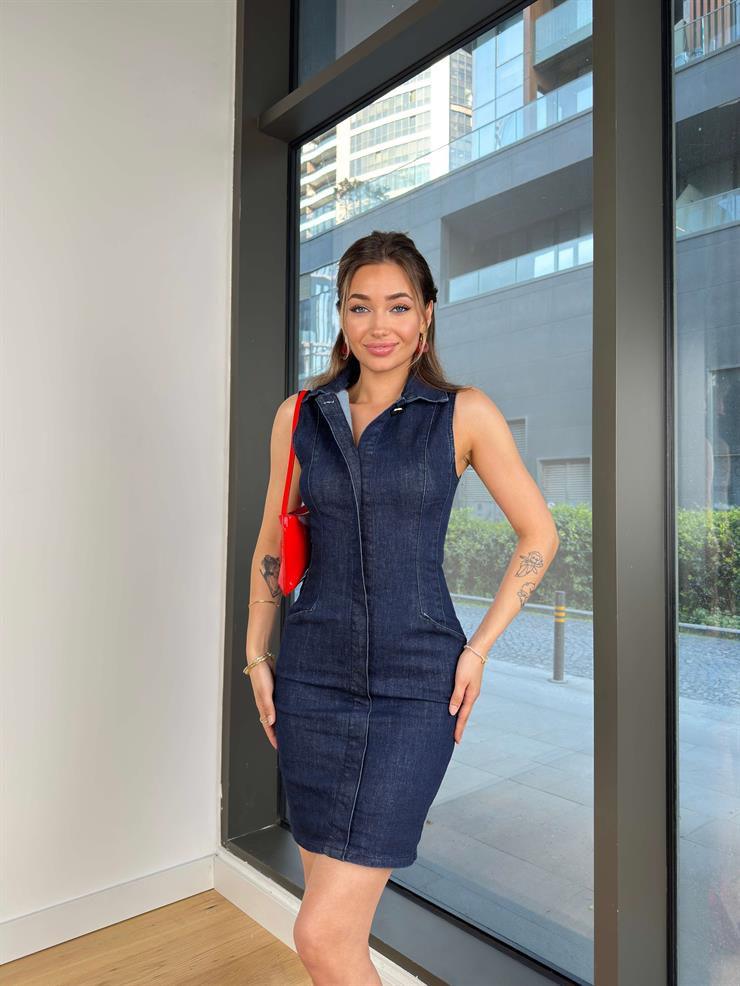 Kolsuz Önü Düğmeli Ekroso Lacivert Kadın Mini Elbise 25Y290