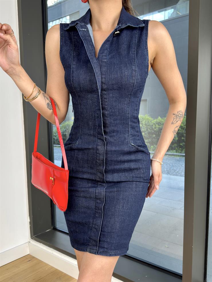 Kolsuz Önü Düğmeli Ekroso Lacivert Kadın Mini Elbise 25Y290