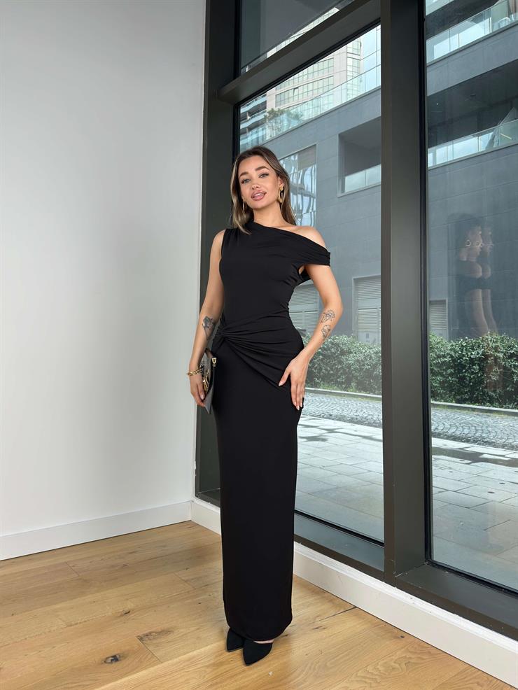 Tek Omuz Düşük Drapeli Ekses Siyah Kadın Elbise 25Y069