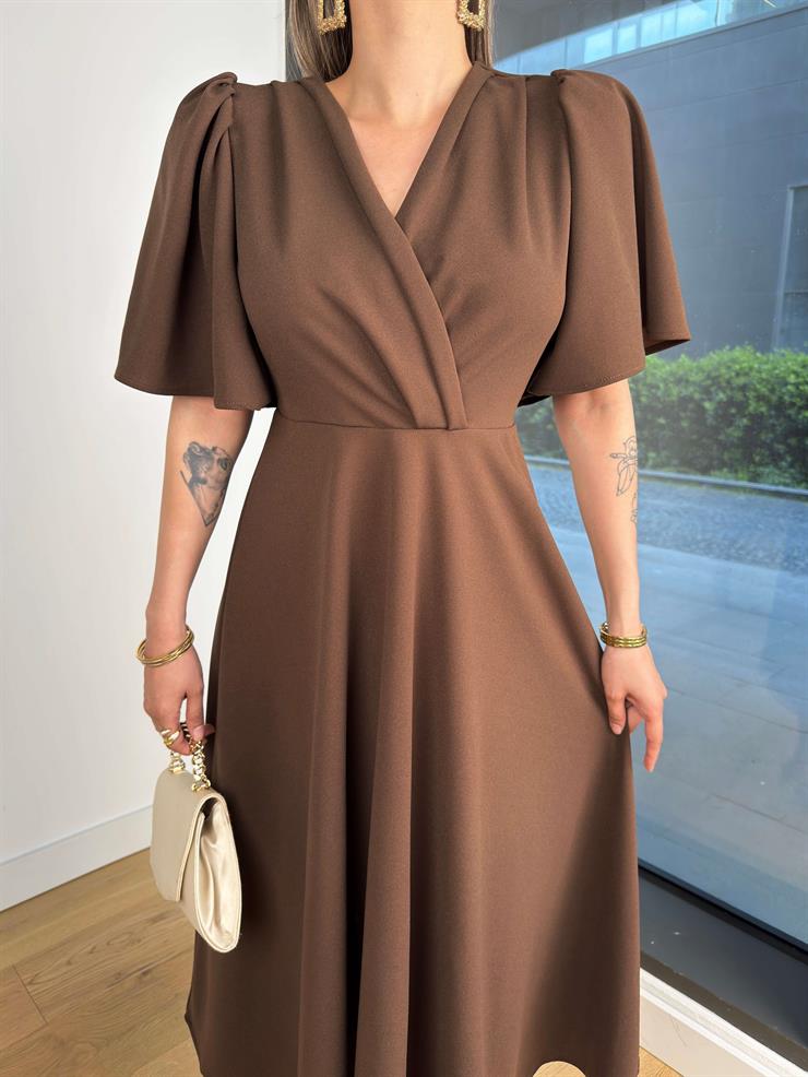 Balon Kol Kruvaze Yaka Ekto Kahve Kadın Elbise 25Y291