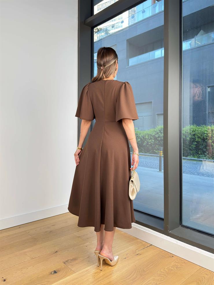 Balon Kol Kruvaze Yaka Ekto Kahve Kadın Elbise 25Y291