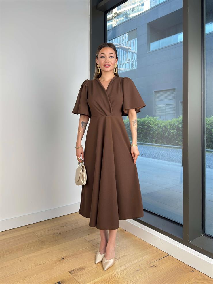 Balon Kol Kruvaze Yaka Ekto Kahve Kadın Elbise 25Y291