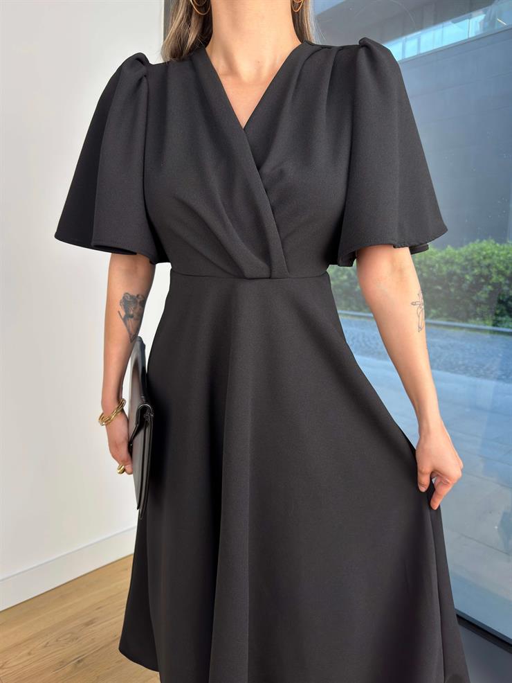 Balon Kol Kruvaze Yaka Ekto Siyah Kadın Elbise 25Y291