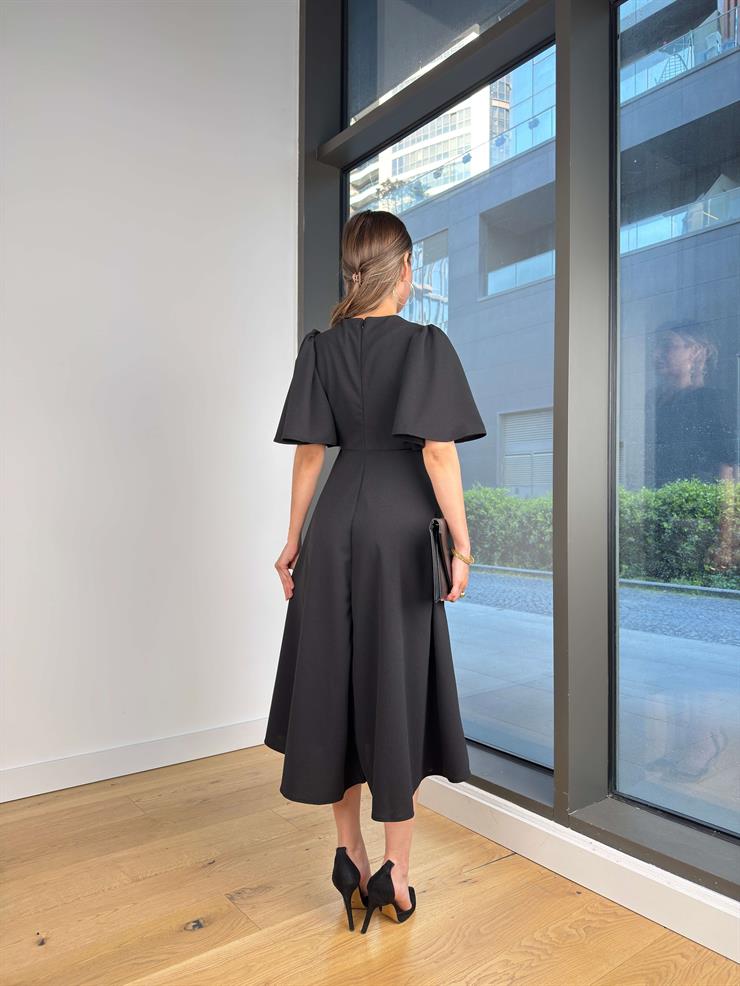 Balon Kol Kruvaze Yaka Ekto Siyah Kadın Elbise 25Y291