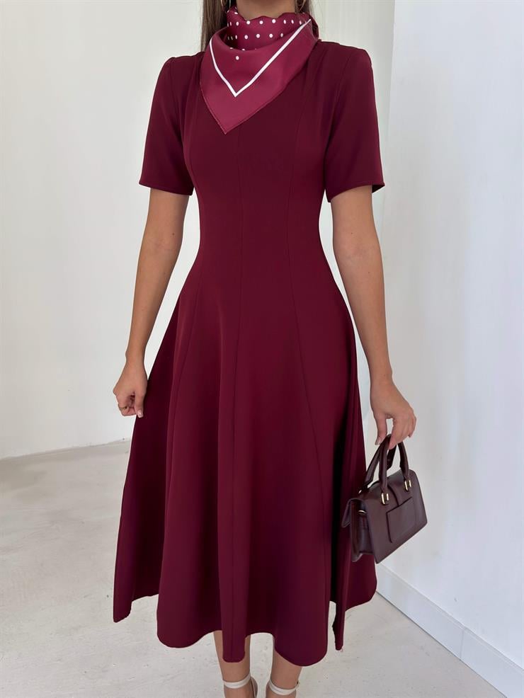 Fularlı Kısa Kollu Dikiş Detaylı Eladi Bordo Kadın Midi Elbise 26K109