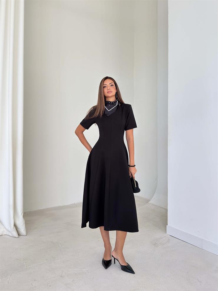 Fularlı Kısa Kollu Dikiş Detaylı Eladi Siyah Kadın Midi Elbise 26K109