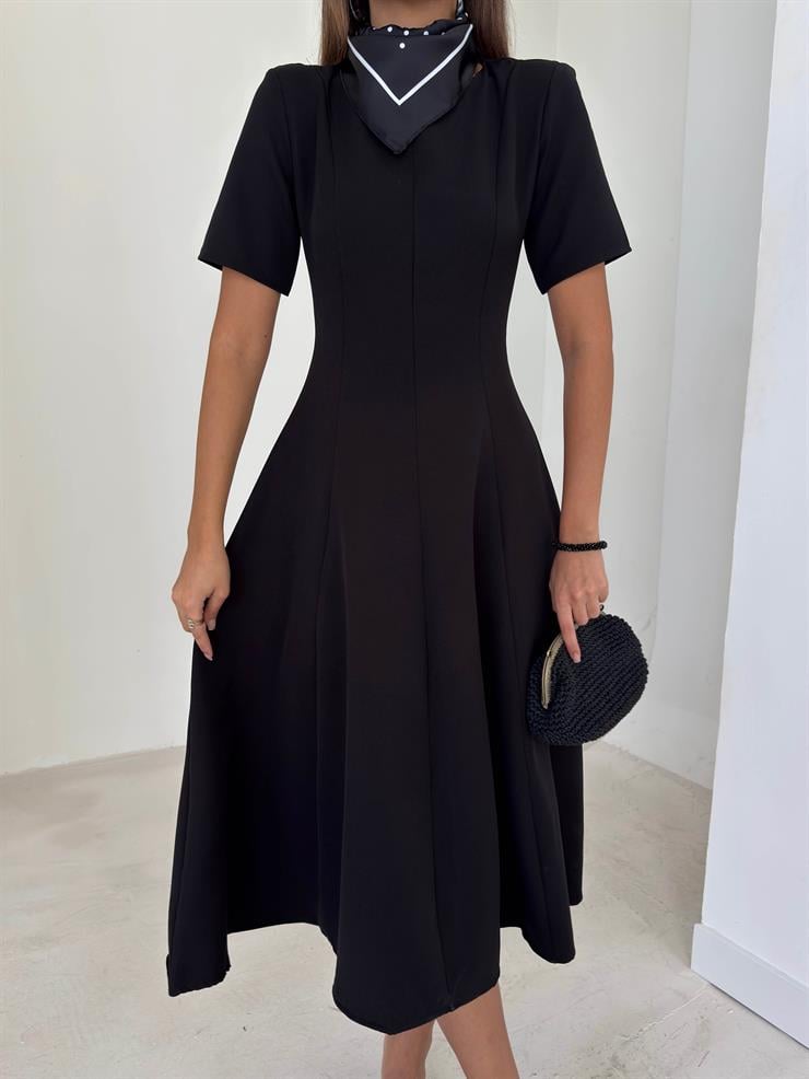 Fularlı Kısa Kollu Dikiş Detaylı Eladi Siyah Kadın Midi Elbise 26K109