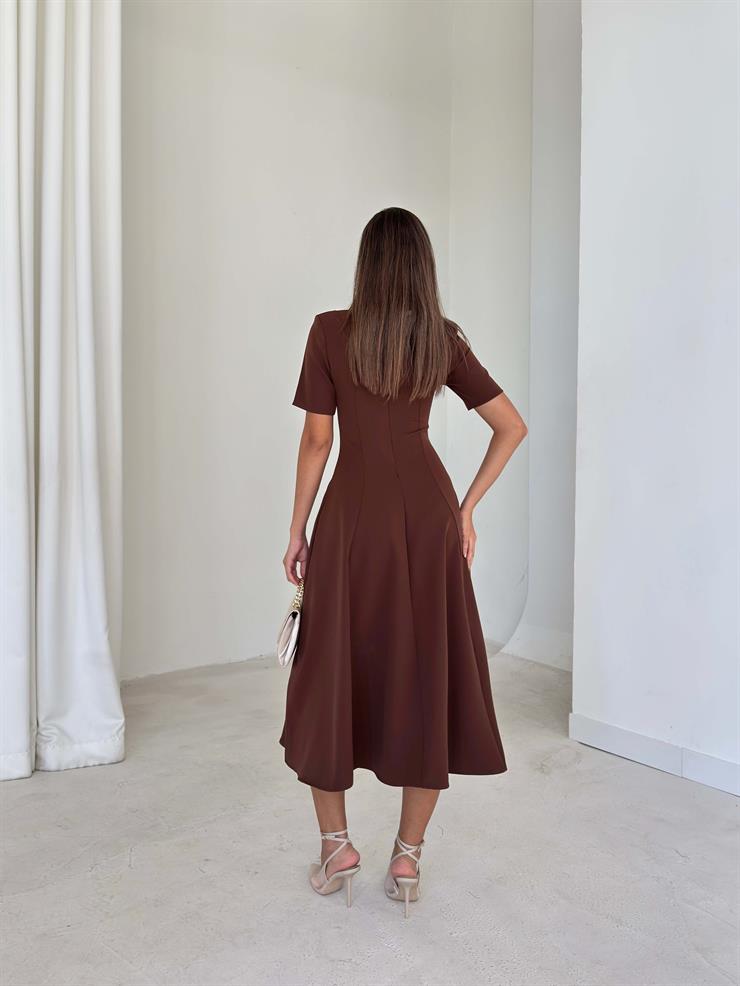 Fularlı Kısa Kollu Dikiş Detaylı Eladi Kahve Kadın Midi Elbise 26K109