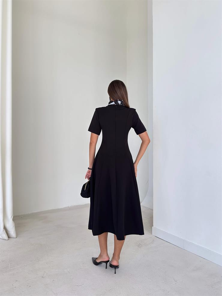 Fularlı Kısa Kollu Dikiş Detaylı Eladi Siyah Kadın Midi Elbise 26K109