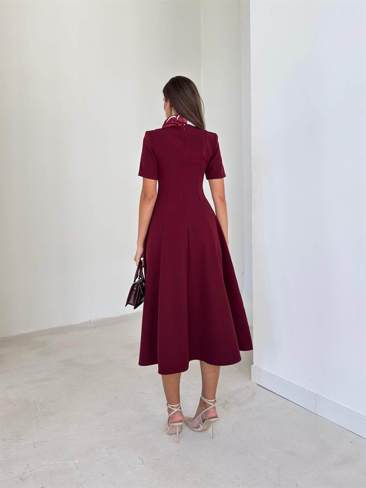 Fularlı Kısa Kollu Dikiş Detaylı Eladi Bordo Kadın Midi Elbise 26K109