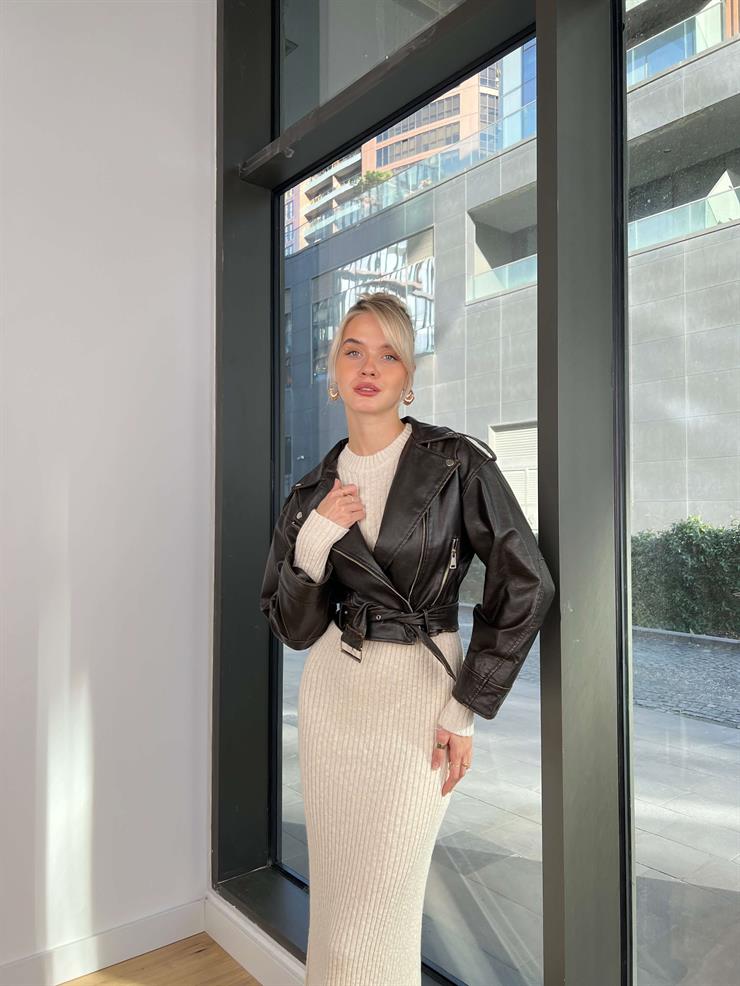 Beli Kemerli Elana Kadın Koyu Kahve Vegan Deri Crop Ceket 24k256